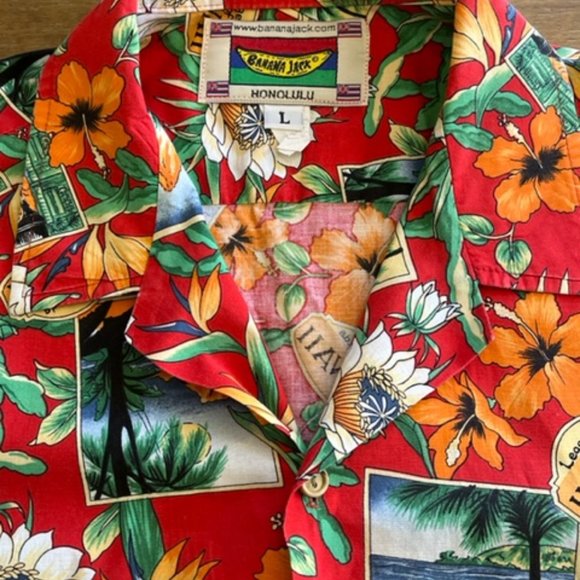 Vtg Banana Jack Honolulu Hawaiian Shirt Mens Large Floral All Over Print S/S Red - Picture 4 of 6